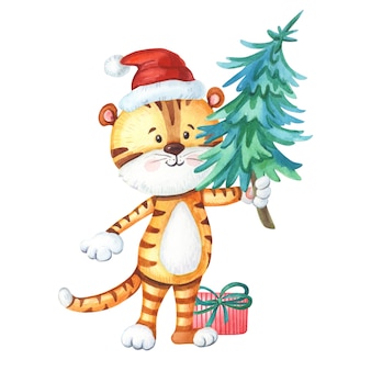 Tigre aquarelle avec arbre de noël et cadeau animal mignon pour illustration aquarelle du nouvel an