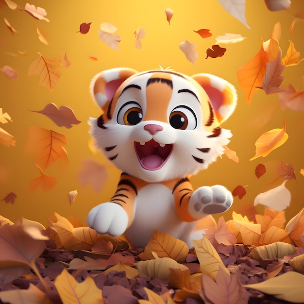 Photo gratuite tigre coupé avec des feuilles d'automne