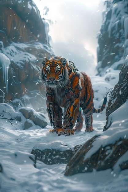 Photo gratuite tigre demi-robot futuriste dans la nature