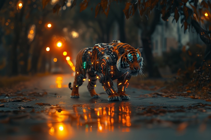 Photo gratuit le tigre demi-robot futuriste