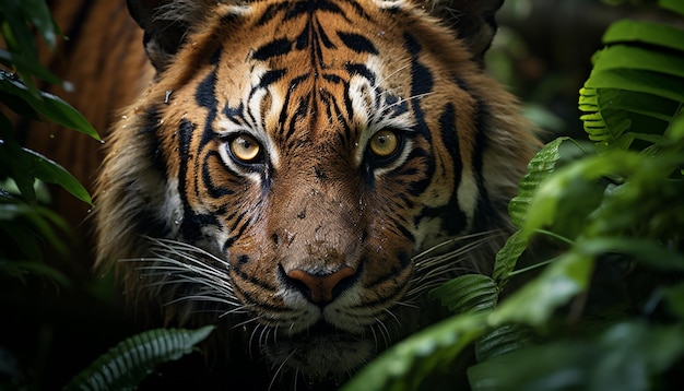 Photo gratuite tigre du bengale, beauté majestueuse dans la nature, regardant la forêt tropicale sauvage générée par l'intelligence artificielle