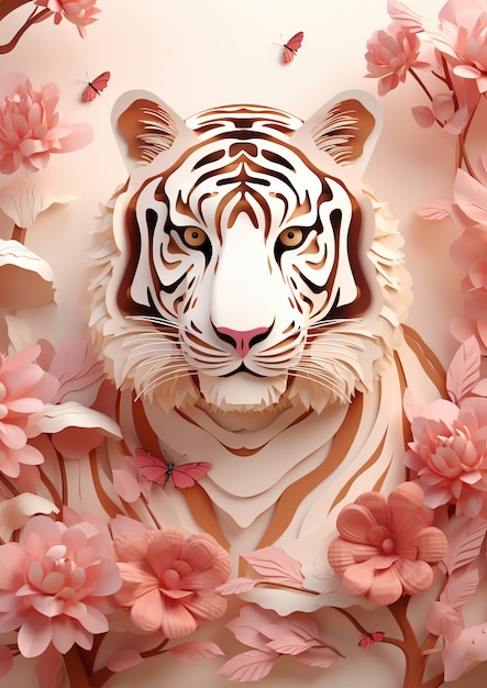 Photo gratuite tigre féroce avec des fleurs en studio