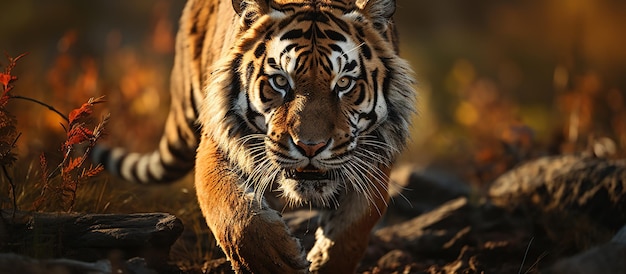 Photo gratuite tigre de sibérie courant dans la forêt scène de la faune de la nature