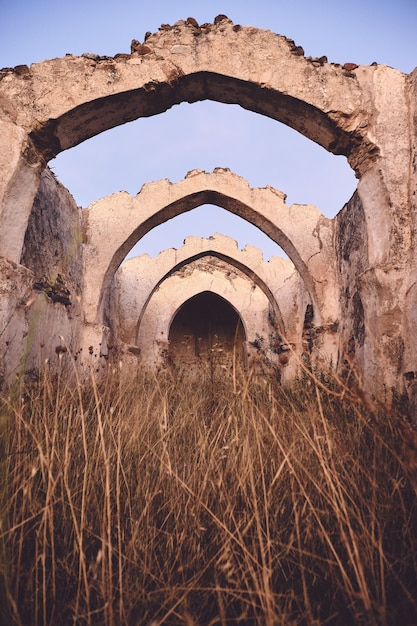 Tir vertical d'une ancienne ruine ancienne avec un plafond voûté dans un champ herbeux sec sous un ciel bleu