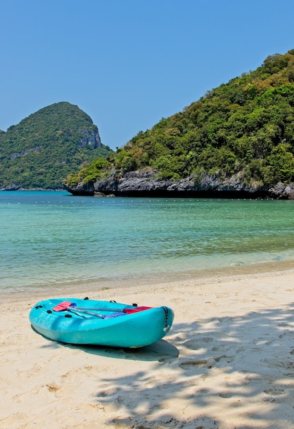 Tir vertical d'un bateau à rames bleu sur la plage par le magnifique océan et les montagnes