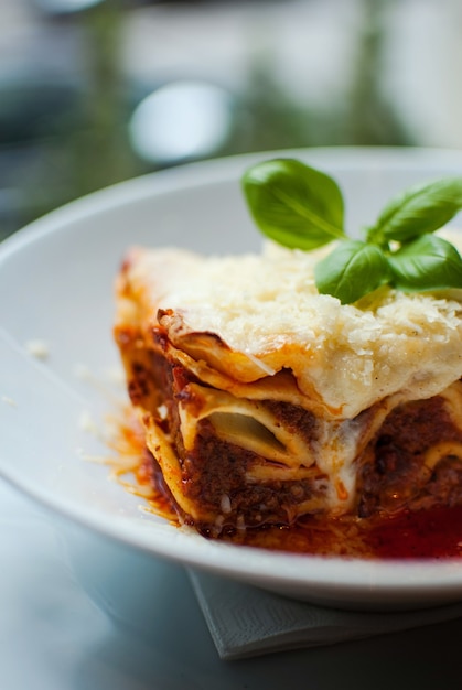 Tir vertical d'une délicieuse lasagne sur une plaque blanche