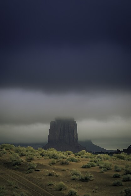 Tir vertical d'une formation rocheuse au milieu d'un paysage désertique couvert de brouillard