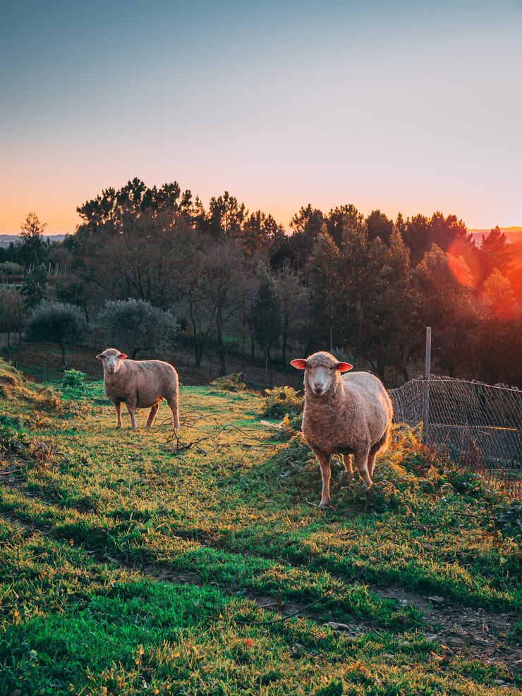 Photo gratuit tir vertical des moutons paissant dans les champs verts pendant le coucher du soleil avec des arbres en arrière-plan