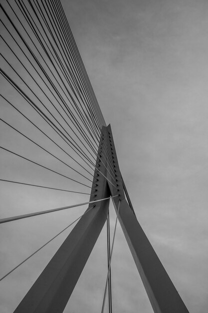 Tir vertical en niveaux de gris d'un pont suspendu sous le ciel nuageux