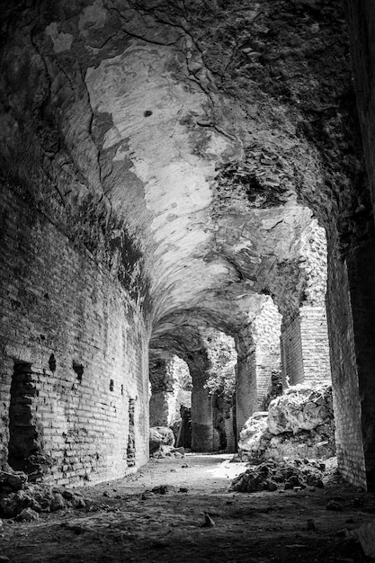 Tir vertical en niveaux de gris des ruines d'un immeuble ancien