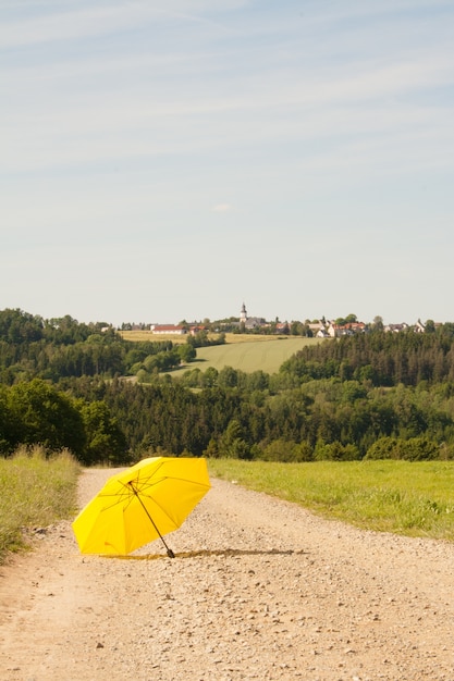 Tir vertical d'un parapluie jaune ouvert sur la route dans la campagne