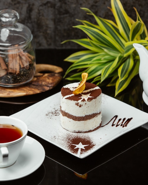 Photo gratuite tiramisu à la crème et poudre de cacao.