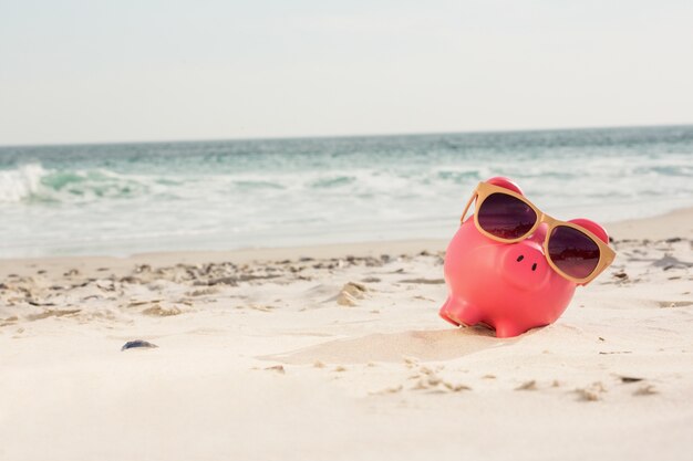 Tirelire avec des lunettes de soleil sur le sable gardé