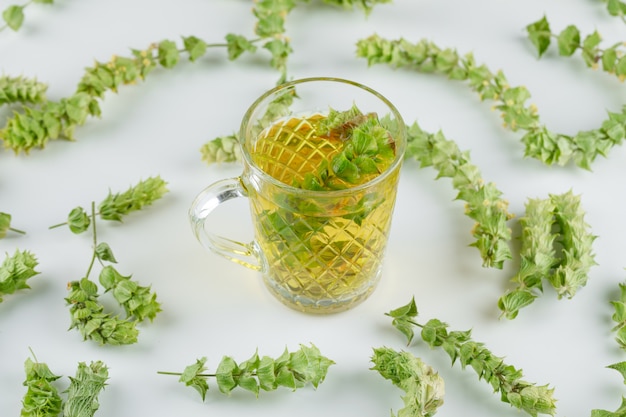 Tisane dans une tasse en verre avec des feuilles vue grand angle sur un blanc