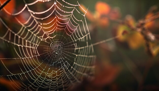 Toile d'araignée dans la rosée de la beauté du matin d'automne générée par l'IA