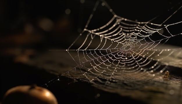 Une toile d'araignée effrayante emprisonne les gouttes de rosée à l'extérieur générées par l'IA