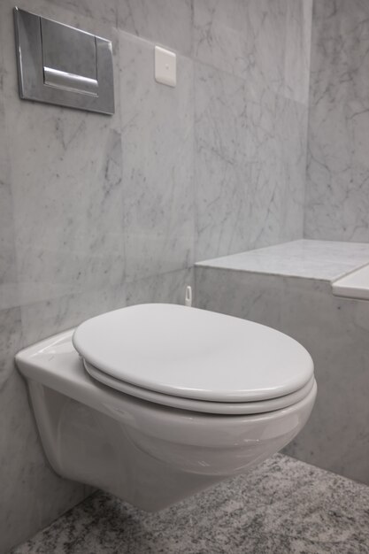 Toilettes blanches et propres avec les murs en pierre dans une salle de bain