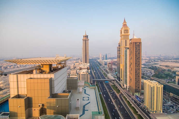 Photo gratuit toits de dubaï au coucher du soleil, emirats arabes unis
