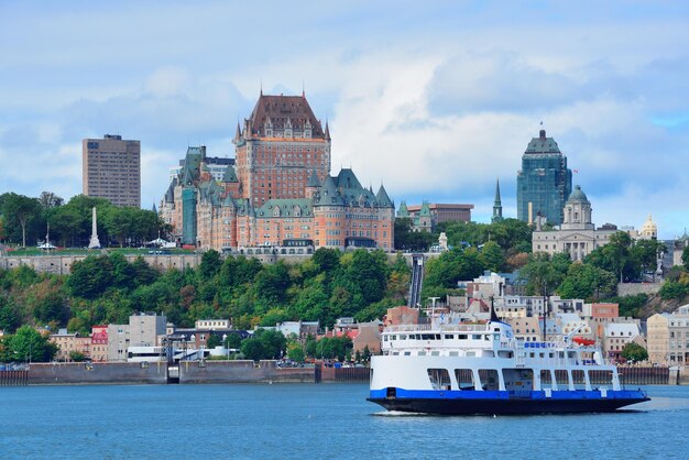 Toits de la ville de Québec au-dessus de la rivière avec ciel bleu et nuages.
