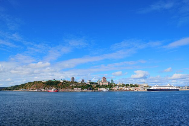 Toits de la ville de Québec au-dessus de la rivière avec ciel bleu et nuages.