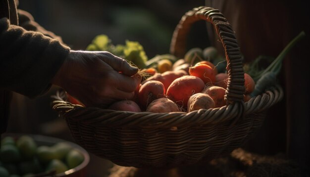 Tomate mûre cueillie dans un potager biologique généré par l'IA