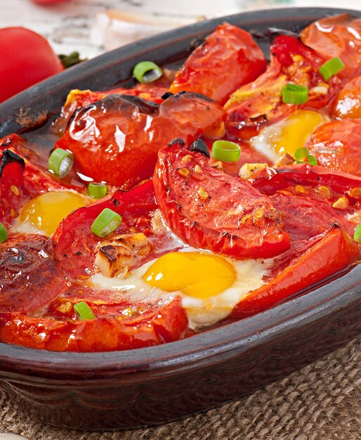 Tomates au four à l'ail et aux œufs décorées avec des oignons verts