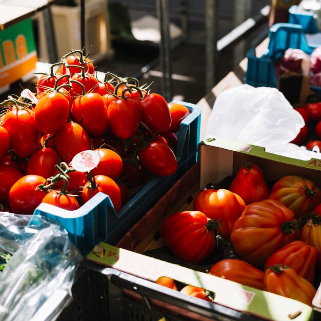 Tomates cerises et anciennes dans la caisse