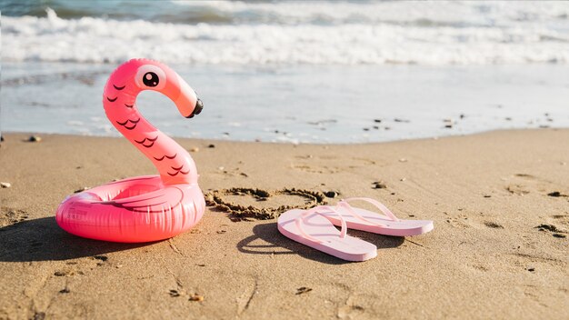 Tongs et flamants gonflables à la plage