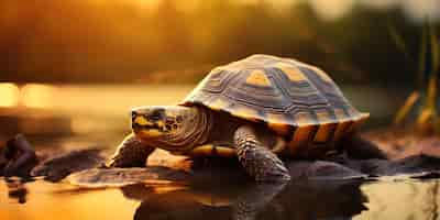 Photo gratuite une tortue s'arrête au bord de l'eau sa coquille baignée dans une lueur dorée de la lumière du soir