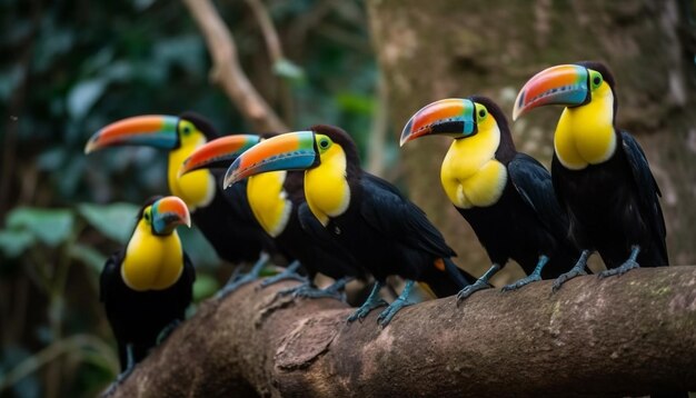 Toucan vibrant perché sur une branche multicolore générée par l'IA