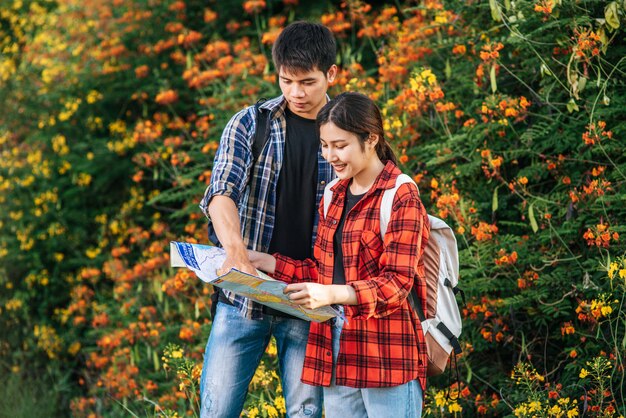 Les touristes, hommes et femmes, regardent la carte près des jardins fleuris.