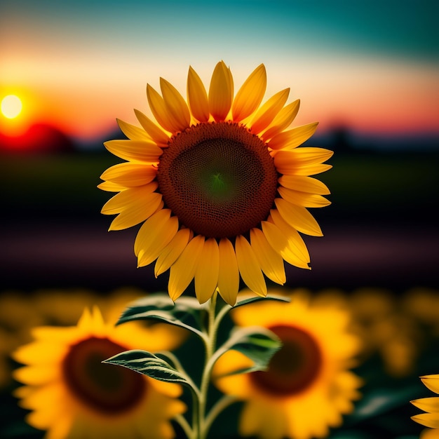 Un tournesol est dans un champ avec le soleil derrière lui.