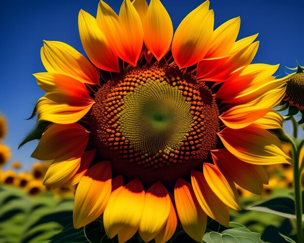 Un tournesol jaune et orange avec un centre vert.