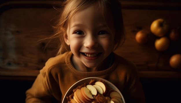 Photo gratuite tout-petit souriant tenant une citrouille profitant d'une collation saine générée par l'ia