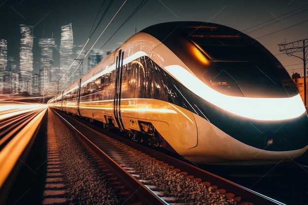 Photo gratuite train à grande vitesse à la gare et paysage urbain flou la nuit sur fond ai génératif