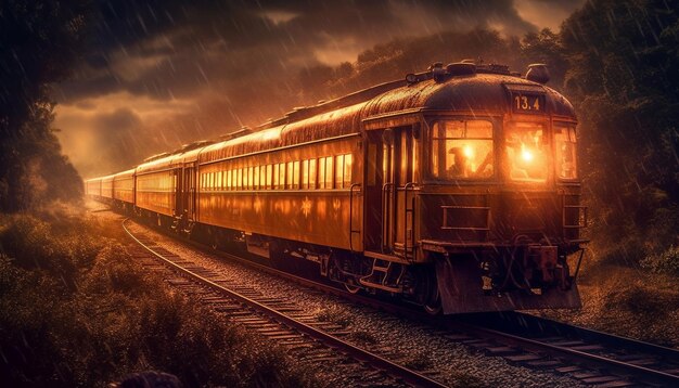 Un train à vapeur traverse un paysage de coucher de soleil rural généré par l'IA