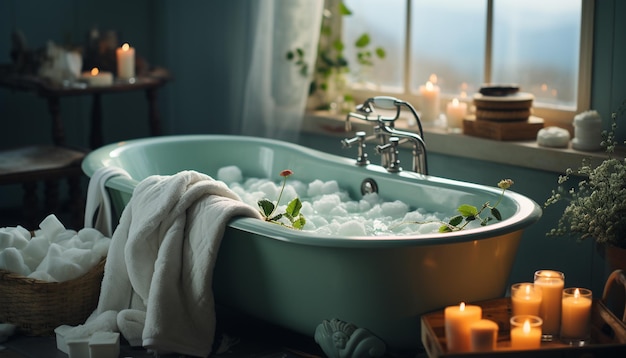 Photo gratuite traitement spa de luxe serviette de baignoire à la lumière des bougies et relaxation générée par l'intelligence artificielle