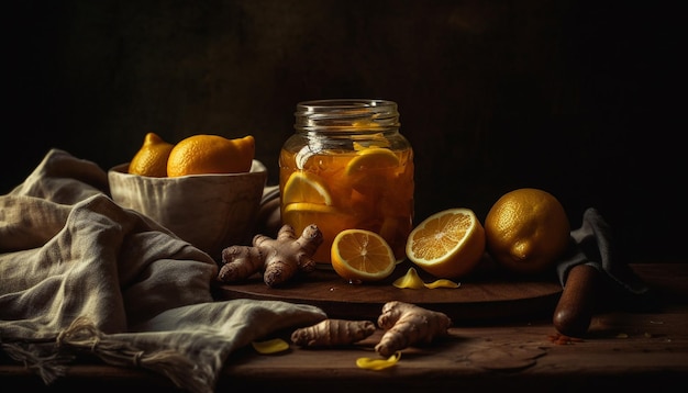 Photo gratuite tranche de citron frais sur une table en bois rustique générée par l'ia