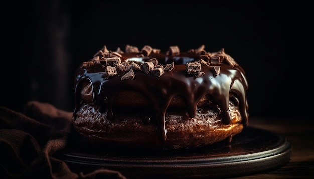 Tranche de gâteau au chocolat gourmande sur une assiette en bois rustique générée par l'IA