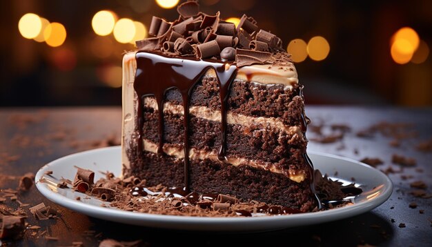 Photo gratuite une tranche de gâteau au chocolat maison sur une assiette générée par l'intelligence artificielle