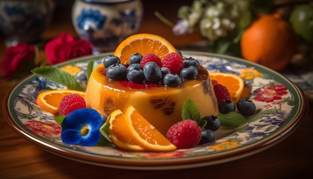 Tranche de gâteau au fromage aux baies fraîches sur une plaque en bois AI générative