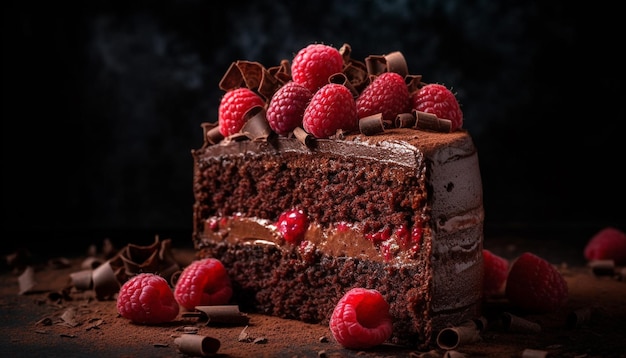 Tranche de gâteau au fromage aux framboises et au chocolat sur une table rustique générée par l'IA