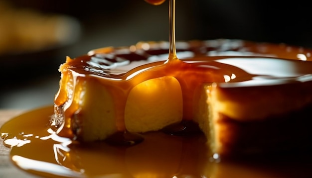 Photo gratuite tranche de gâteau au fromage gourmande avec sauce au caramel collante ai générative