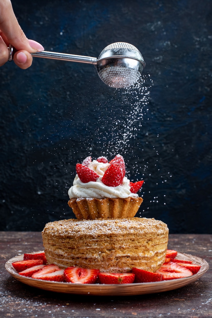 Photo gratuit une tranche de gâteau avec de la crème et des fraises rouges fraîches à l'intérieur de la plaque obtenir du sucre en poudre sur le fond sombre