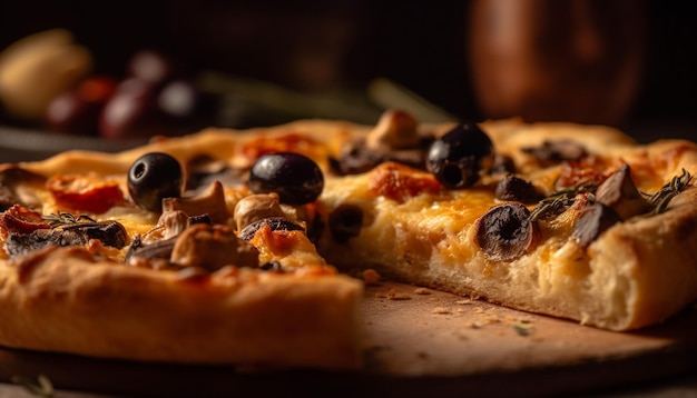 Photo gratuite tranche de pizza fraîchement cuite sur une table en bois rustique générée par l'ia