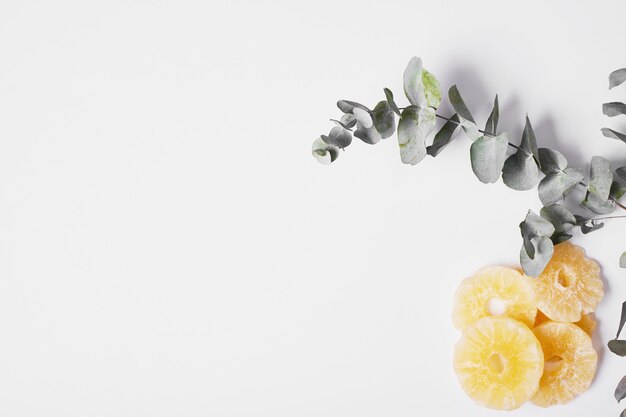 Tranches d'ananas séchées sur blanc.