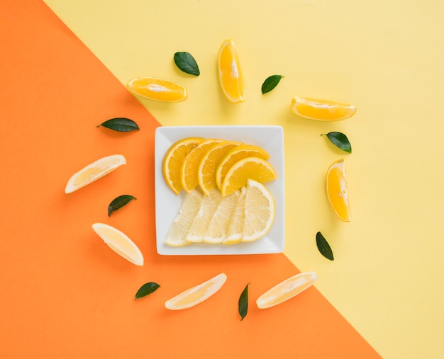 Photo gratuite tranches décoratives de citron et d'orange sur double fond