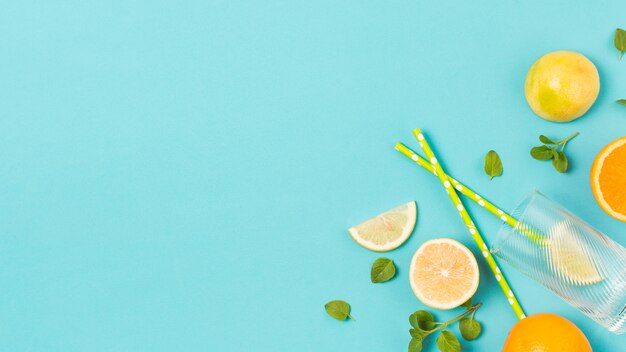 Tranches de fruits frais entre les herbes et le verre