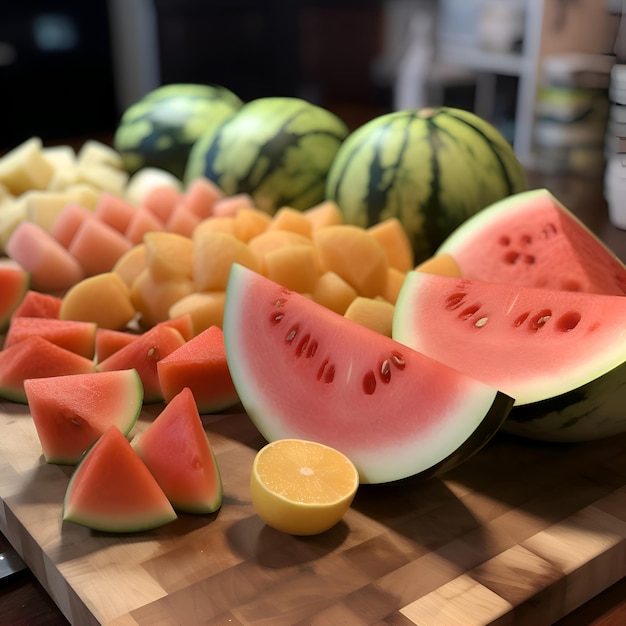 Photo gratuite des tranches de pastèque et de melon sur une planche en bois