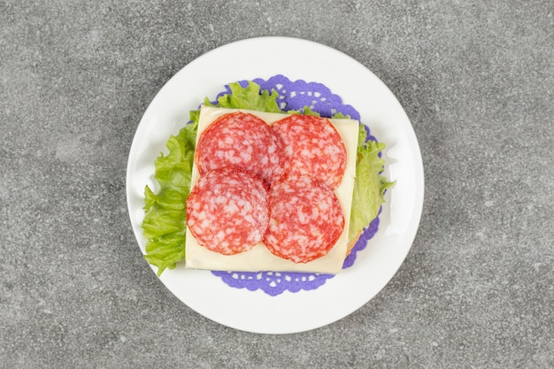 Photo gratuite tranches de salami sur plaque blanche avec du fromage et de la laitue